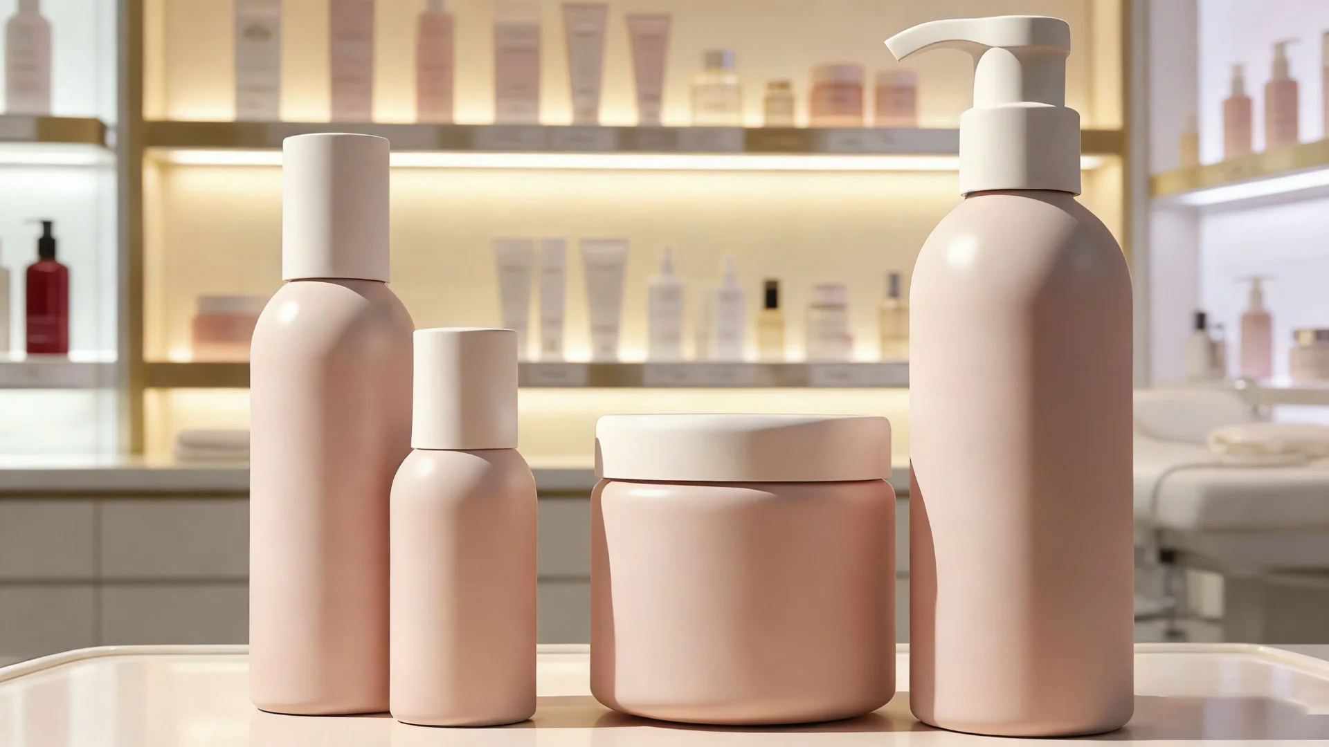 Elegant display of minimalist skincare products in soft pink tones on a countertop with shelves in the background.
